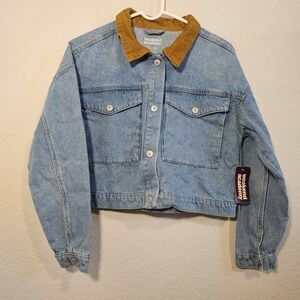 Light Blue Denim Jacket with Brown Corduroy Collar